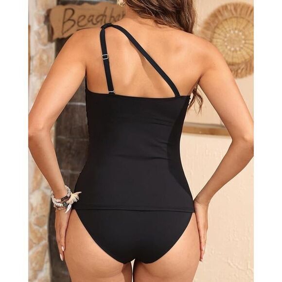 Two Piece Tankini Set Swimsuit XXL black Tummy Control Bathing Suit One Shoulder - Picture 2 of 8
